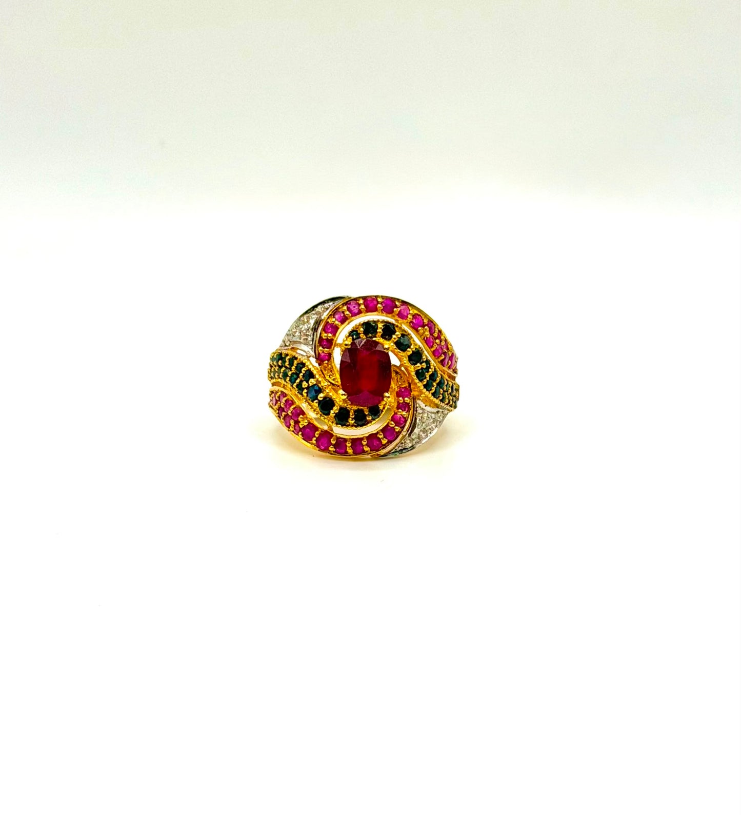 22K Gold Ruby Ring With Small Saphires And Cubic Zirconia