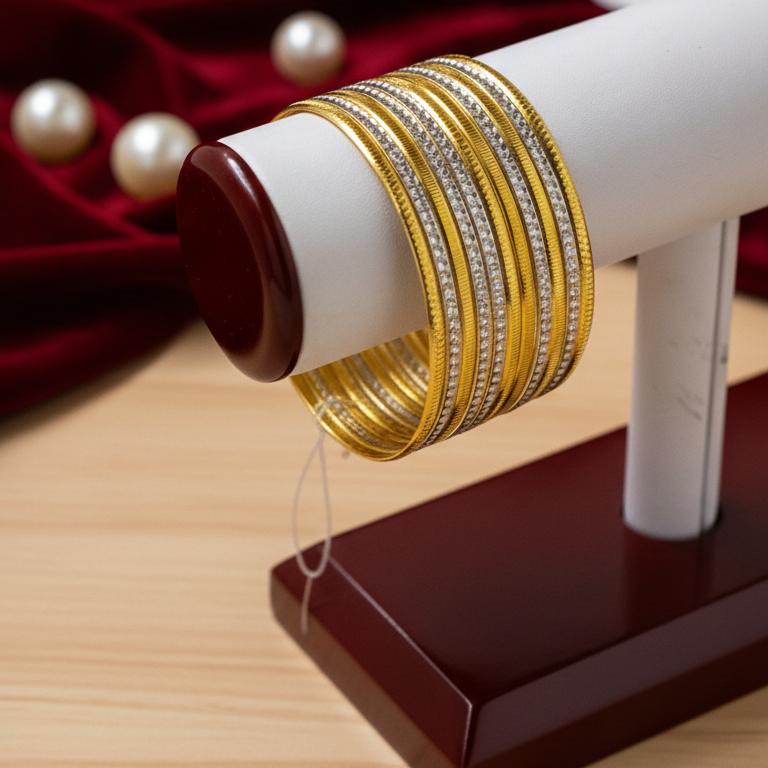 Gold bangles on a white stand with pearls in the background
