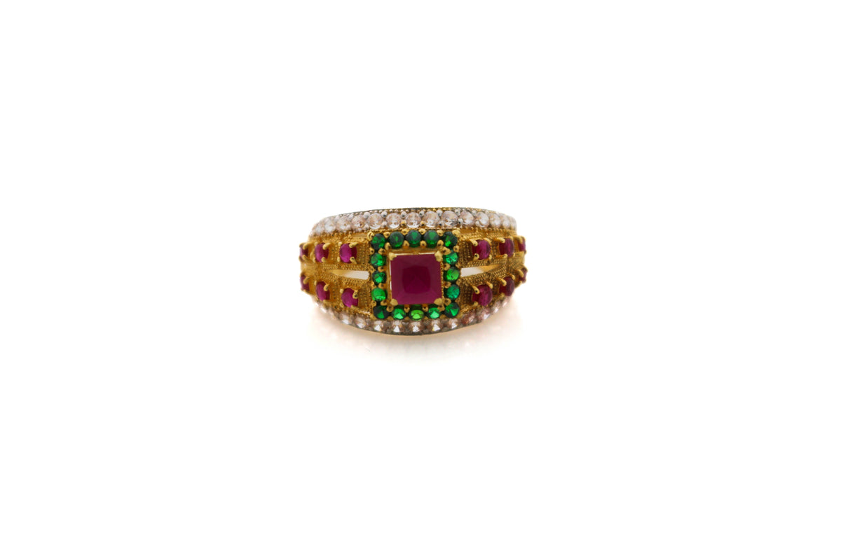 A 22K gold CZ designer ladies ring with multiple colored gemstones and intricate band design, displayed against a white background.