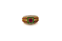 A 22K gold CZ designer ladies ring with multiple colored gemstones and intricate band design, displayed against a white background.