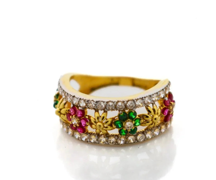 22K Gold CZ Floral Designer Ladies Ring