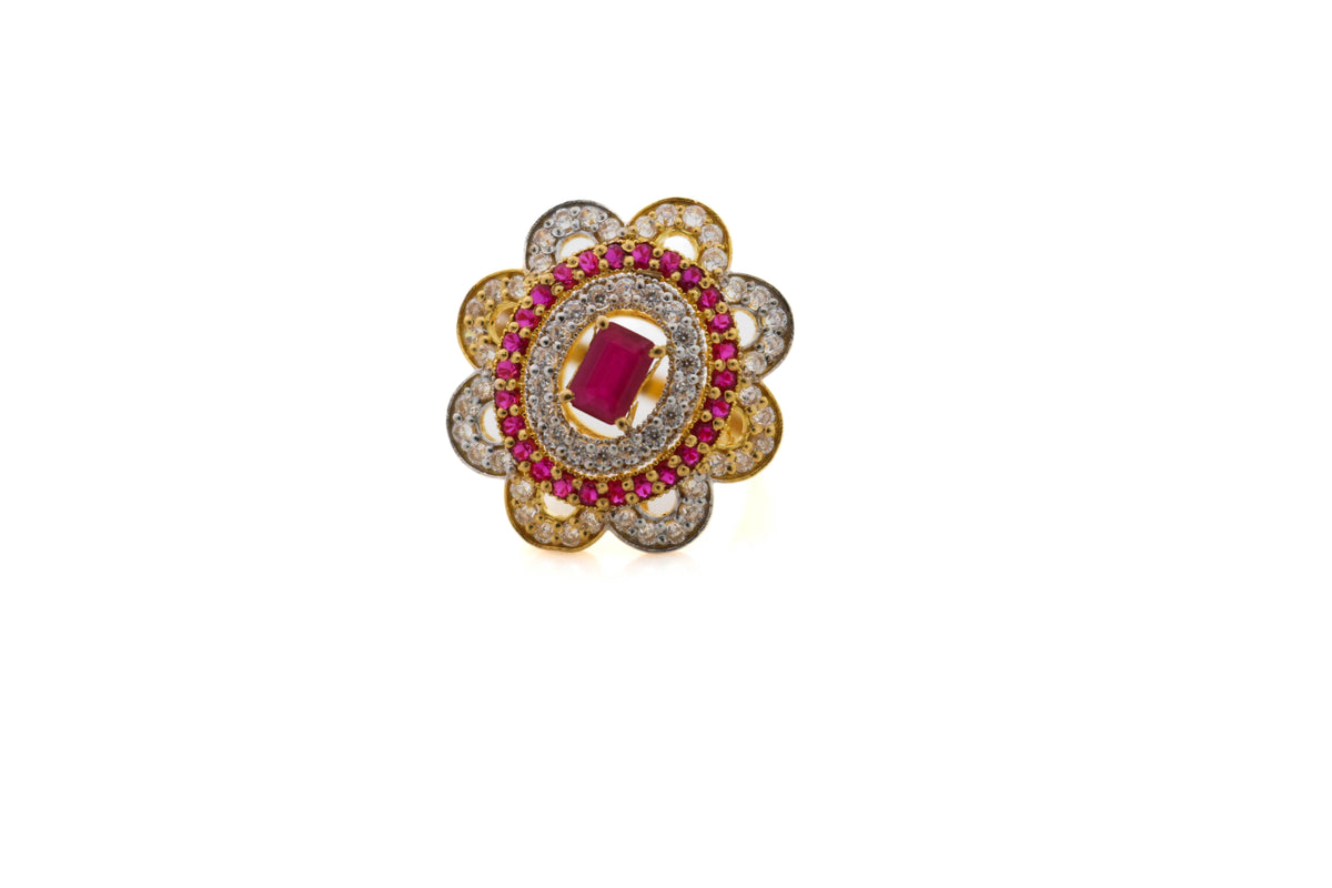 22K Gold CZ Oval Floral Ladies Ring