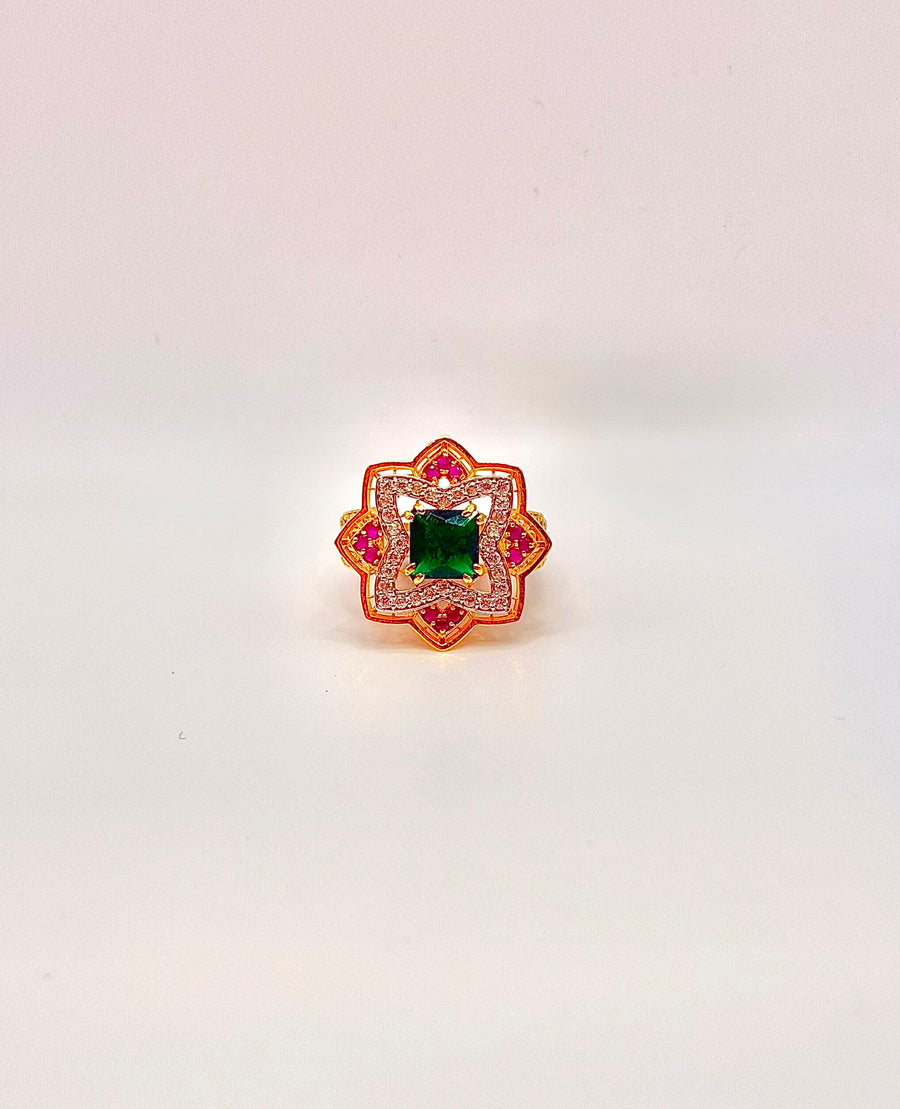 22K Gold Emerald Ring With Rubies And Zircons