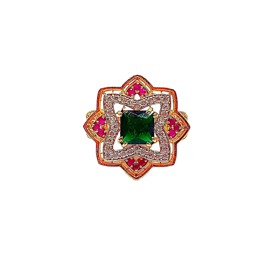 22K Gold Emerald Ring With Rubies And Zircons