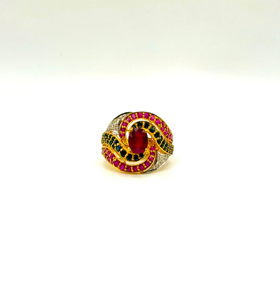 22K Gold Ruby Ring With Small Saphires And Cubic Zirconia
