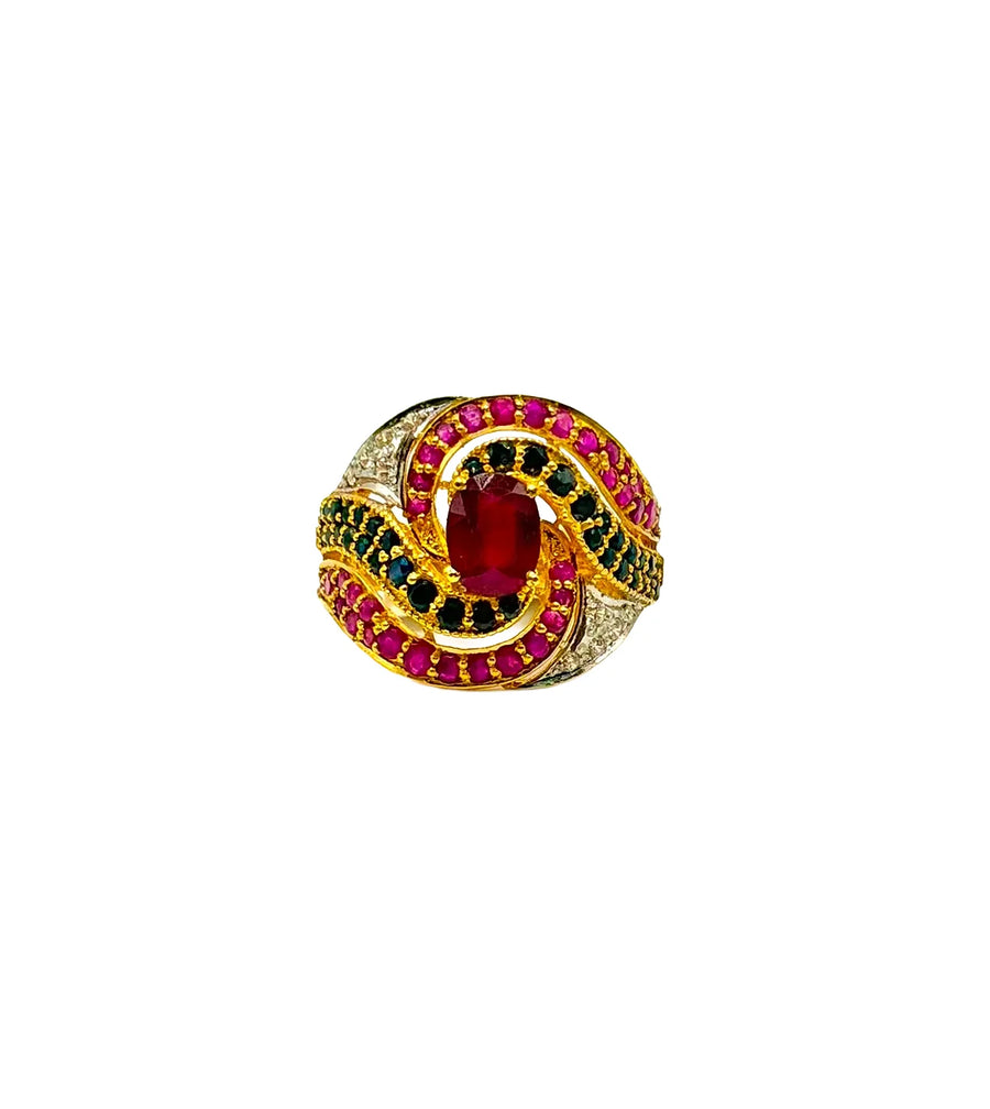 22K Gold Ruby Ring With Small Saphires And Cubic Zirconia
