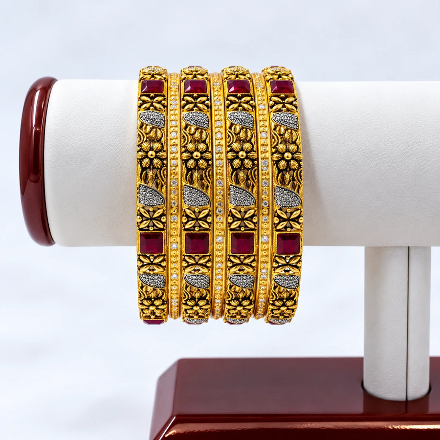4 pc Gold Bangle Set with Red Garnet