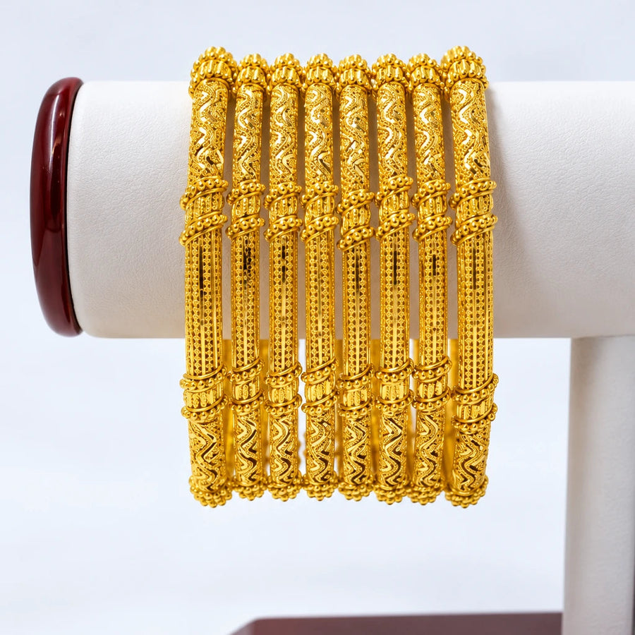 6 pc Gold Bangle Set with Engraved Pattern