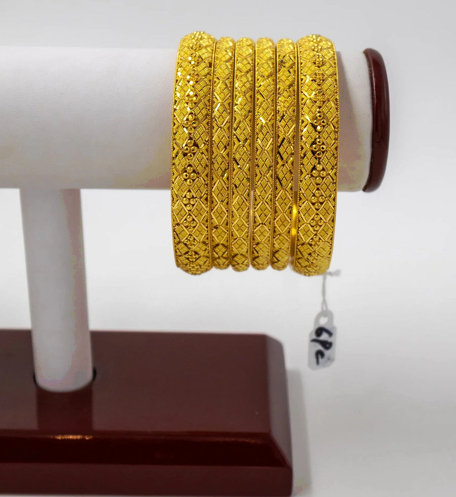 6 pc Gold Bangle Set with Square Pattern