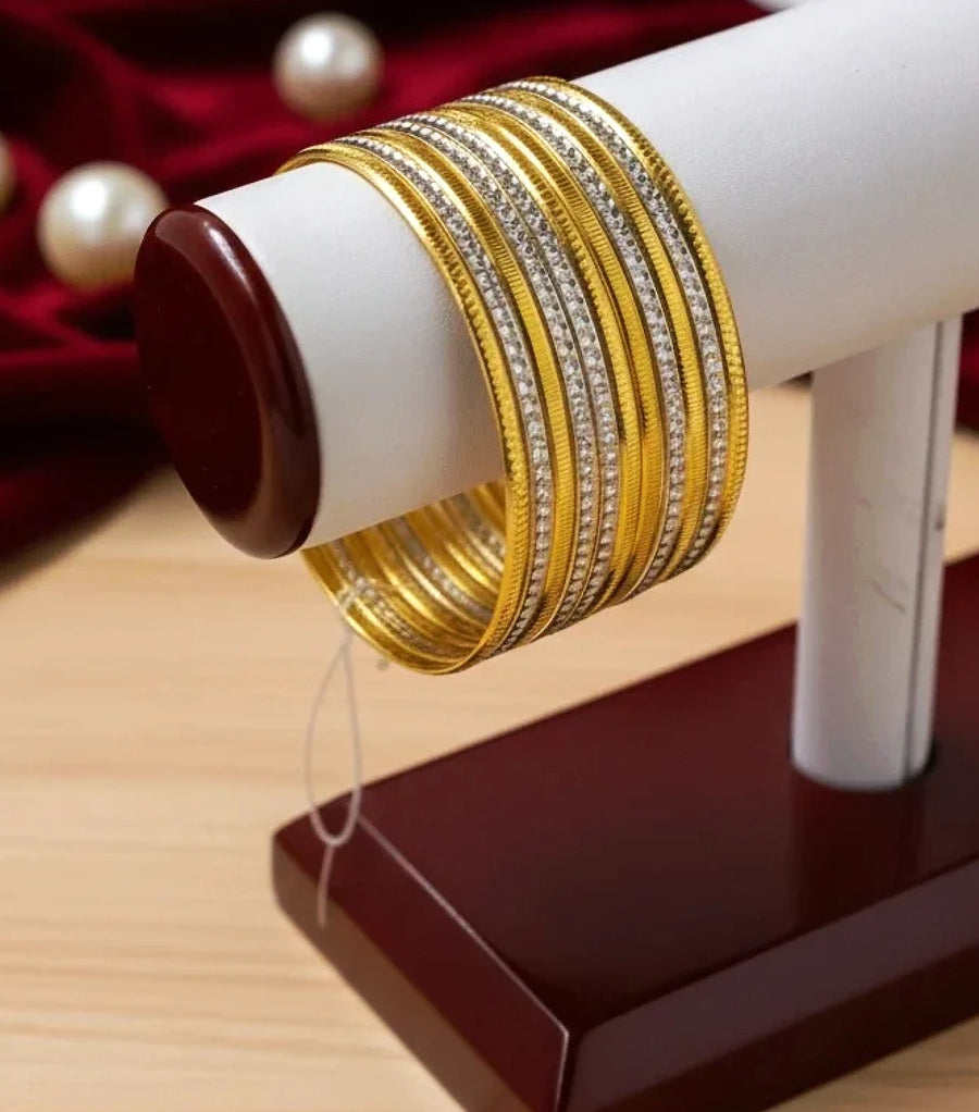 6 pc Two Tone Diamond Cut Gold Bangle Set