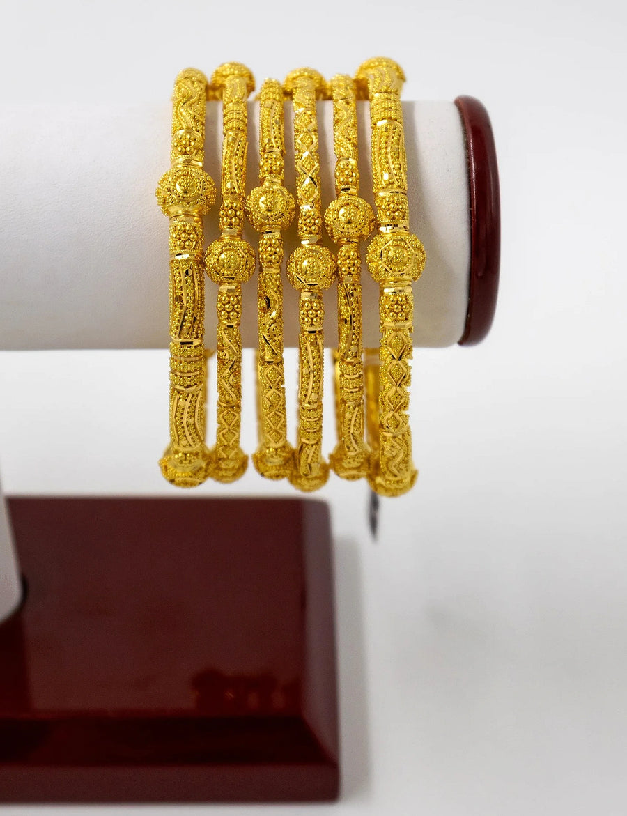 6-Piece-22K-Gold Beaded Ball Motif Bangle Set