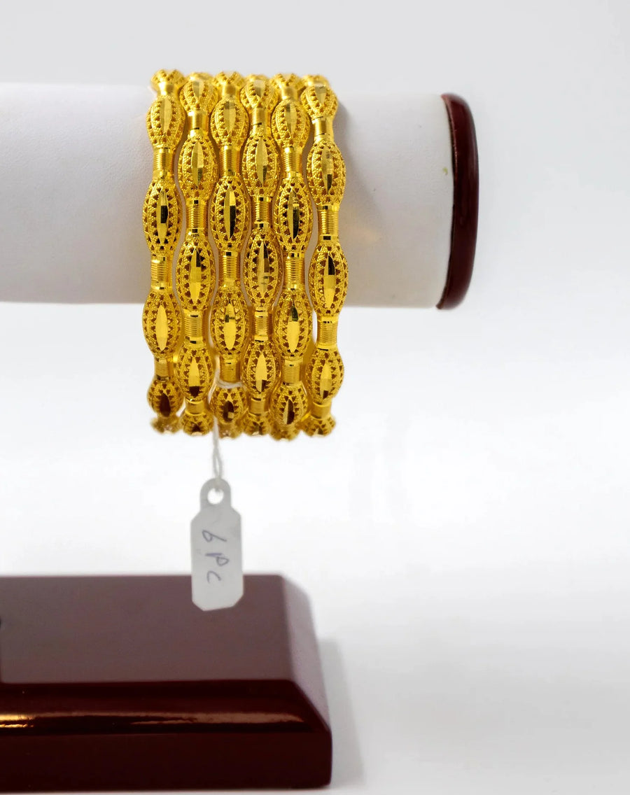 6-Piece-22K-Gold Textured Marquise Bangle Set