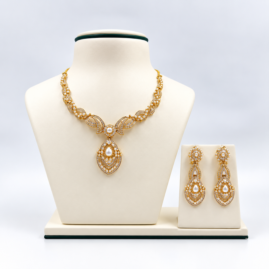 Pearl and Diamond Necklace Set - 22K