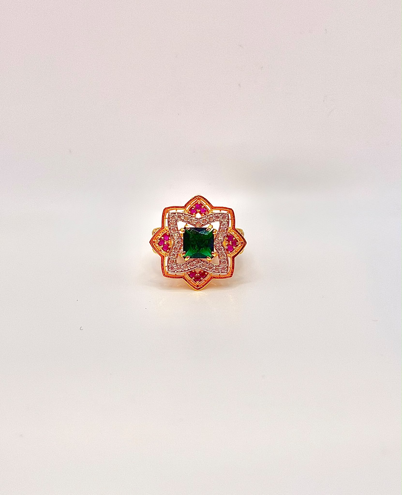 22K Gold Emerald Ring With Rubies And Zircons