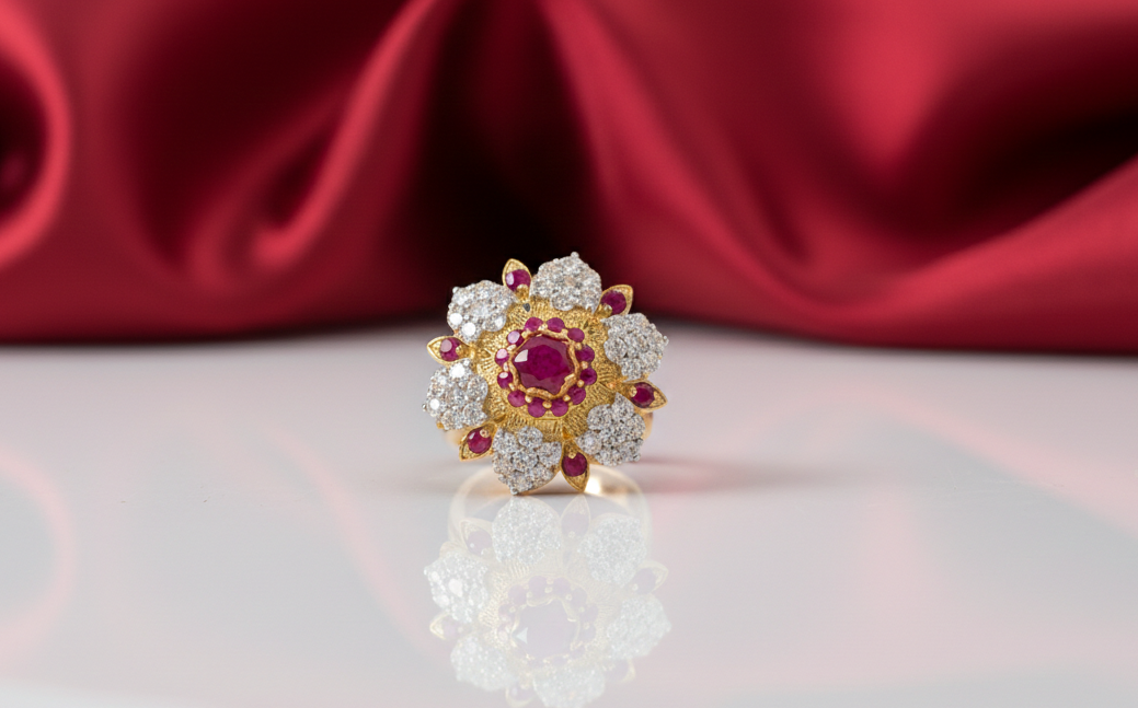 Diamond ring with a red gemstone on a reflective surface with red fabric in the background